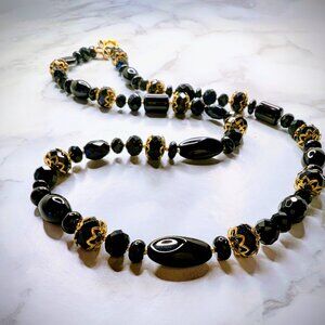 Handmade Crystal & Glass Necklace - Single Strand, Black & Gold